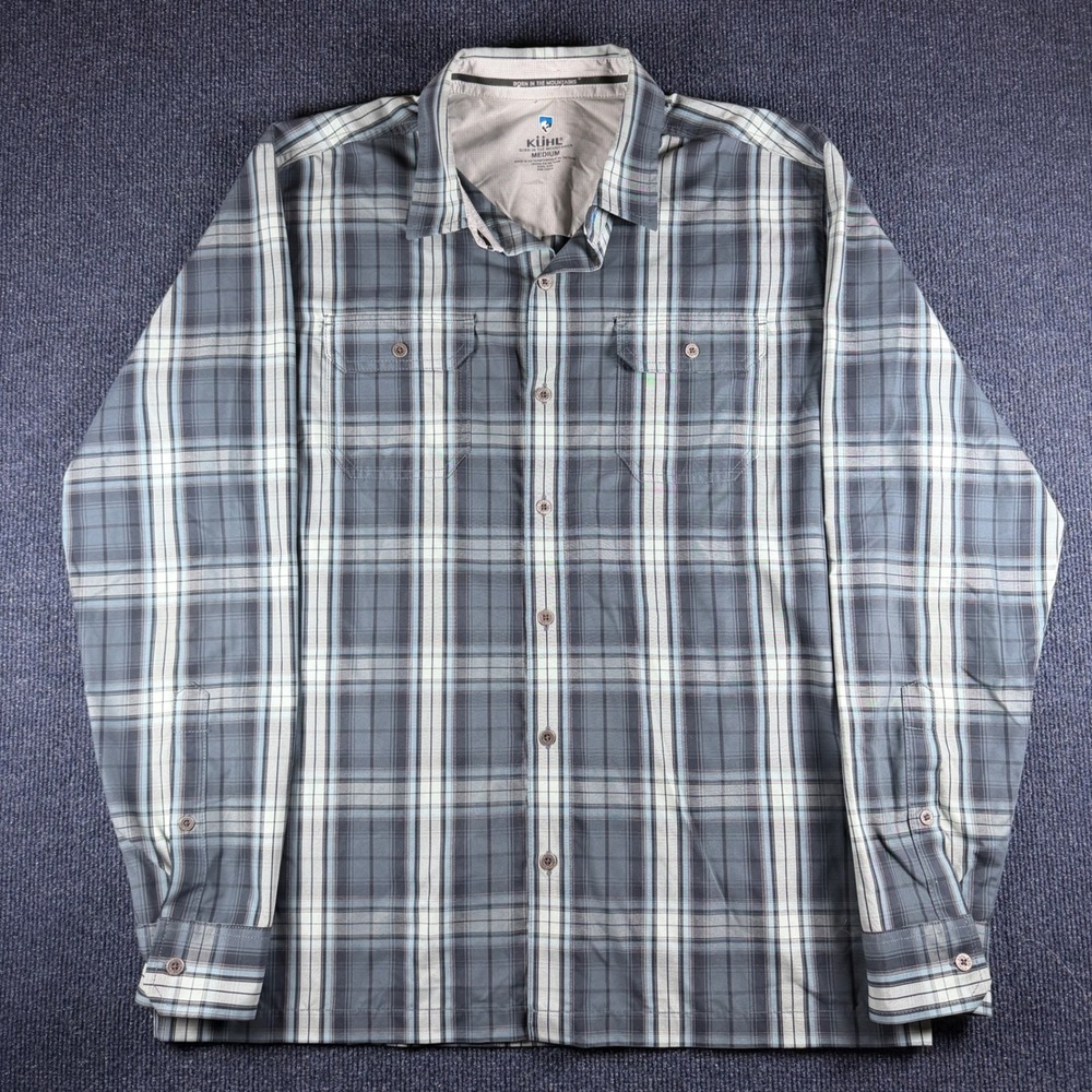 Kuhl Plaid Button Down Shirt M 22.5x29 Blue Grey Cotton Hiking